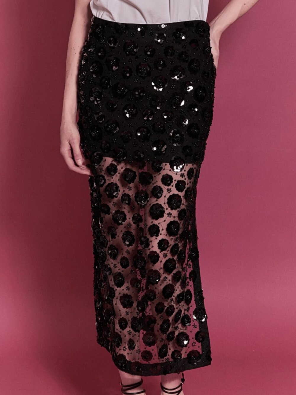 English Factory Holiday Bling Flower Sequin Sheer Black Midi Skirt NEW NWT $120 - Picture 5 of 8